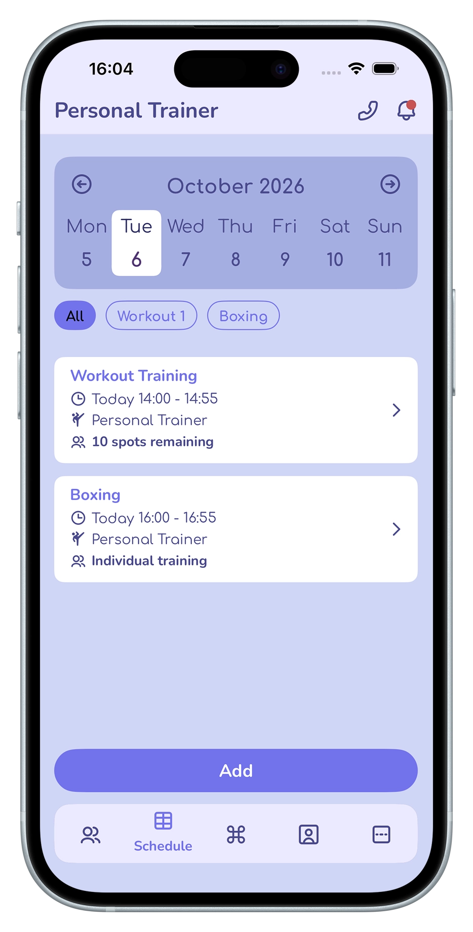 A personal trainer's workout schedule in the JustDoFit app