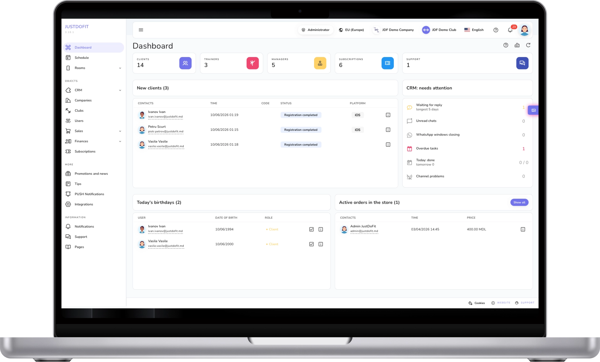 JustDoFit CRM system on a laptop