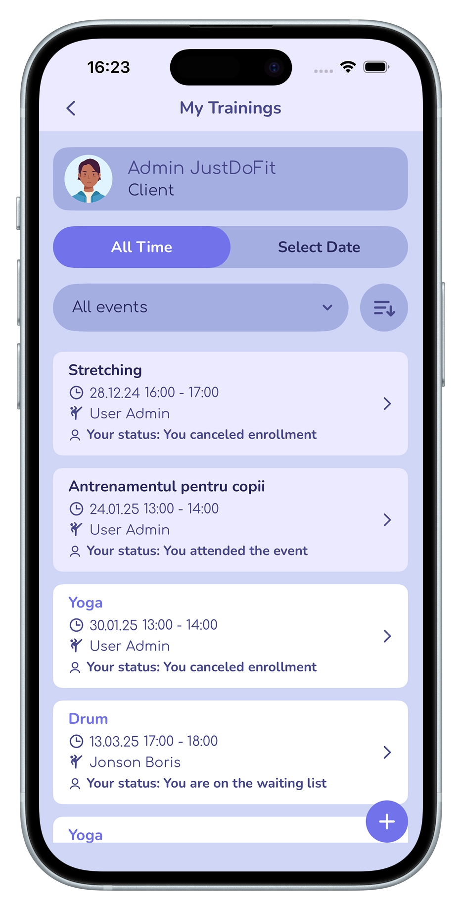 The client's list of classes in the JustDoFit app