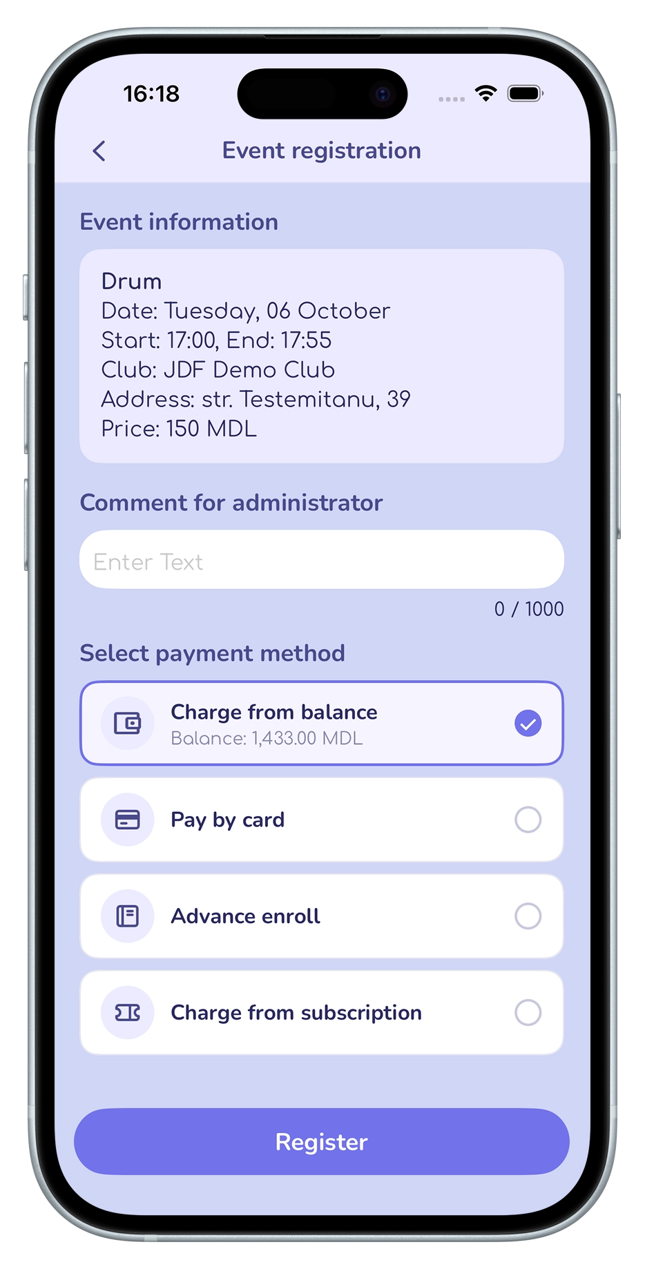 Booking a class with a choice of payment method in the JustDoFit app