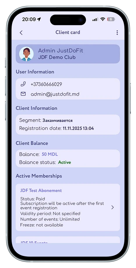 Client card in the JustDoFit app for personal trainers